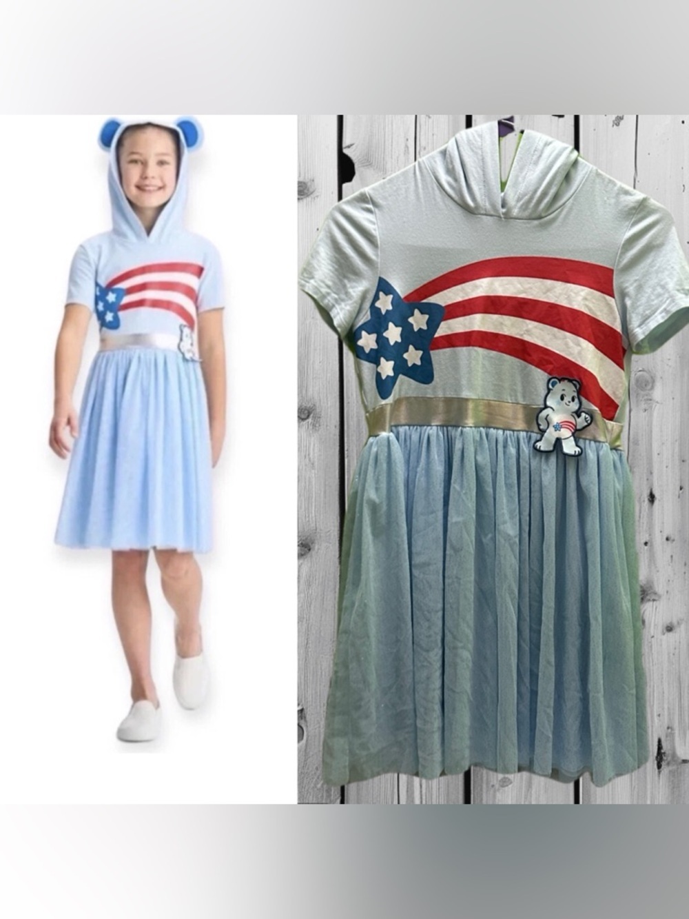 Care Bears Blue Bear Flag Girls  Dress  with Hoodie XL (14)